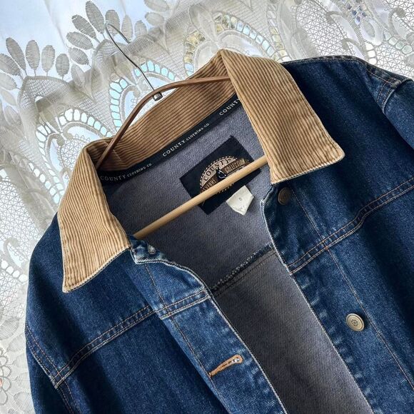 90s Vintage Corduroy Collar Blue Denim Jean Chore Coat Field Jacket Small Mens - Picture 5 of 7
